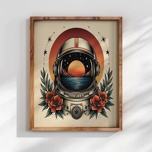 Astronaut Helmet Wall Art, Retro Tattoo Space Illustration, Floral Space Artwork